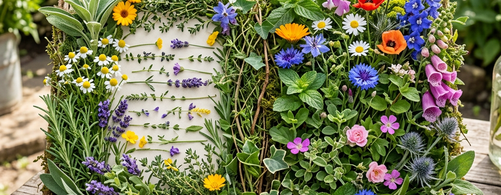 Open garden journal with herbs and flowers arranged around it on wooden table